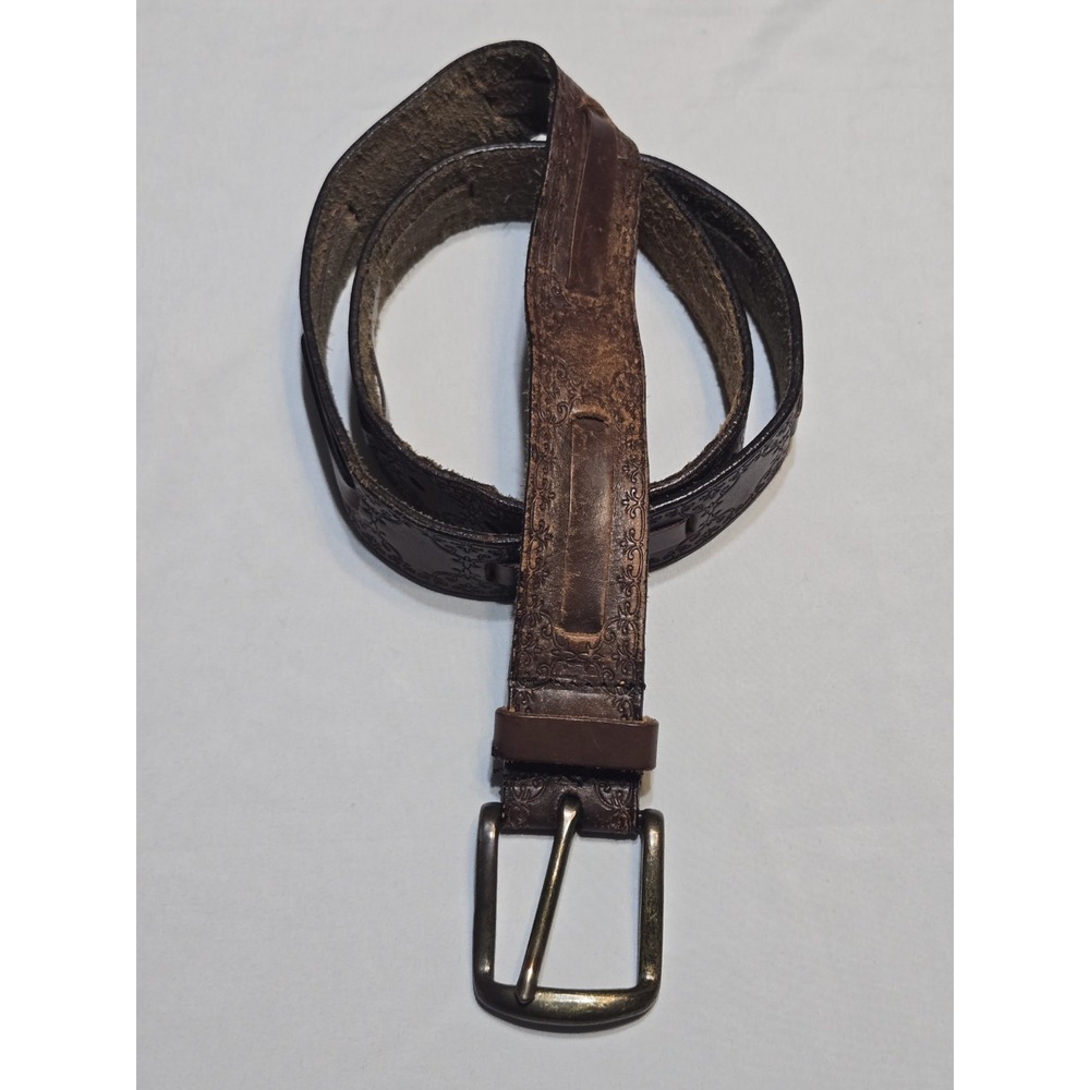 Vtg Genuine Soft Leather Brown Embossed Belt Bronze Buckle 34-38" 1.5" Wide